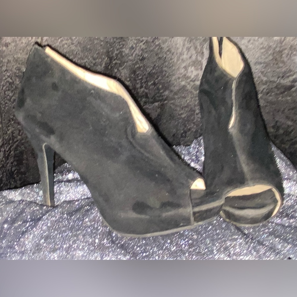 Black boot like open toe heels